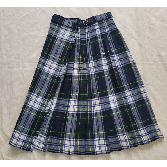 Vintage Kilt Wool Green Blue Plaid Tartan Dark‎ Academia Wrap Belt Pleated XS/S - Picture 1 of 14
